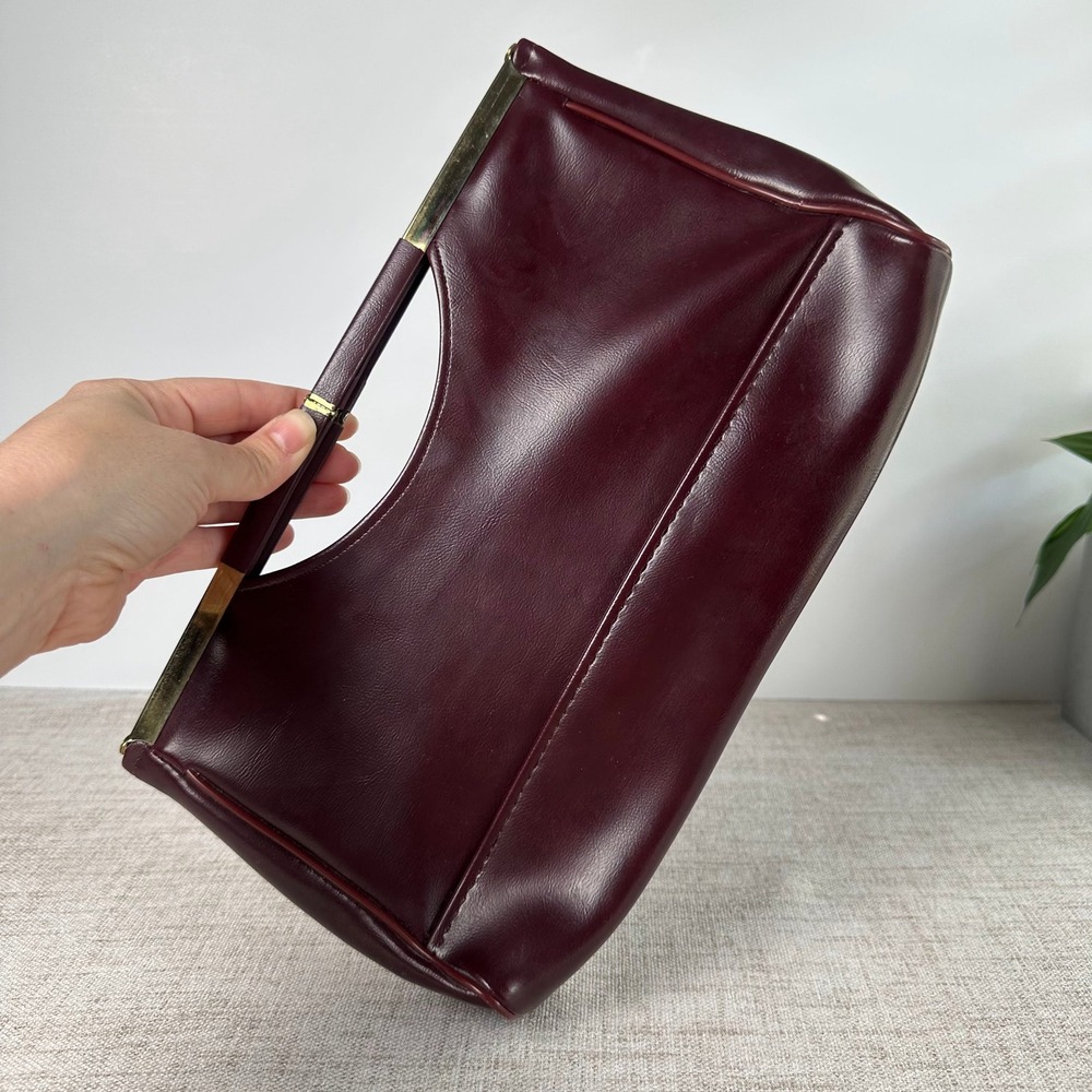 Vintage 1970s Oxblood Burgundy Frame Handbag Clutch Gold Tone Handle - Picture 11 of 11